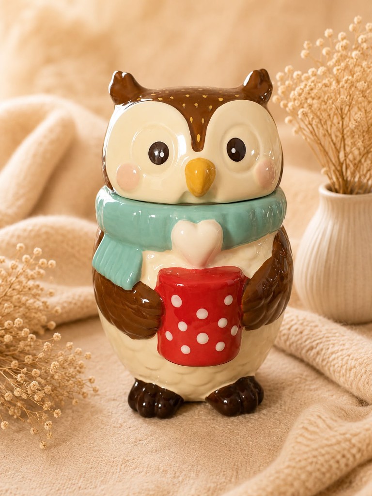 Glanzende keramische uil wax melt brander met sjaal en mok