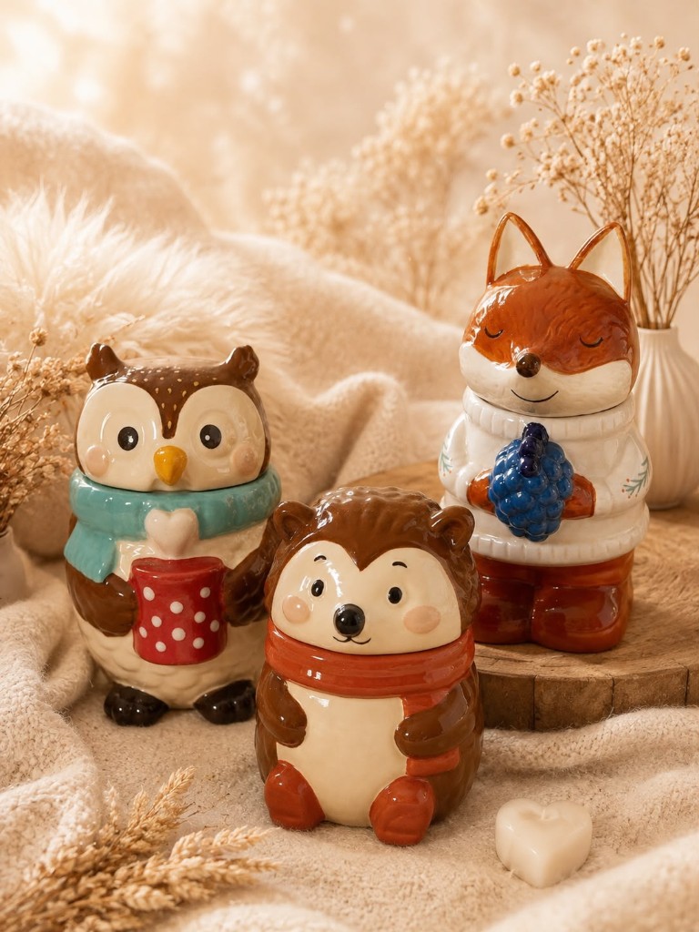 Keramische wax melt branders in de vorm van een uil, egel en vos