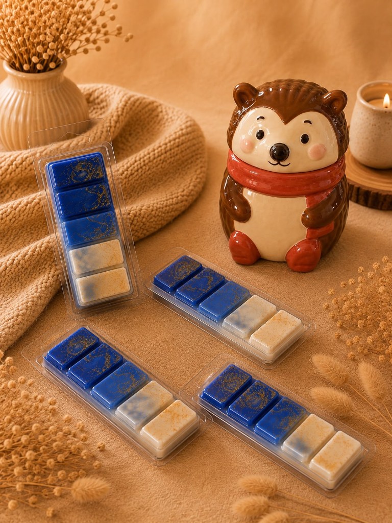 Midnight Ember wax melts in diepblauw en crème, naast een keramische egelbrander