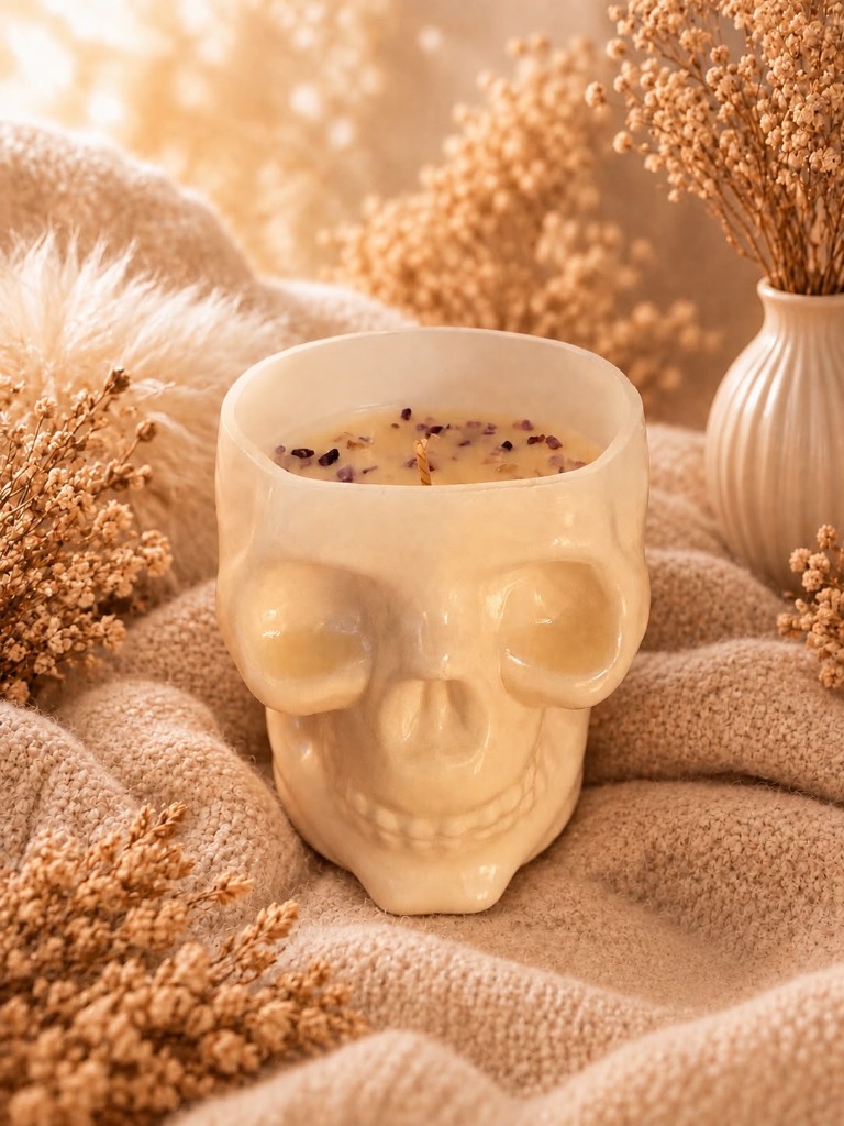 Ivoorwitte keramische Mystic Soul skull kaars met amethiststeentjes, op een wollen deken tussen droogbloemen
