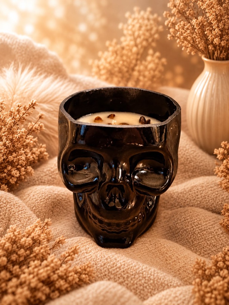 Zwarte glanzende keramische Mystic Soul skull kaars met tijgeroogsteentjes, op een wollen deken tussen droogbloemen